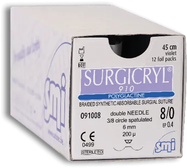 SMI Surgicryl 910 5/0 Suture, side cutting spatula 1/4 circle double-armed 8mm needle, 45cm length (Box of 12)